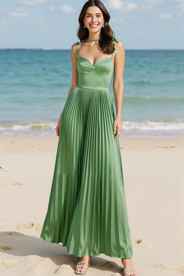 Light Green Satin Ruched A Line Corset Long Prom Dress